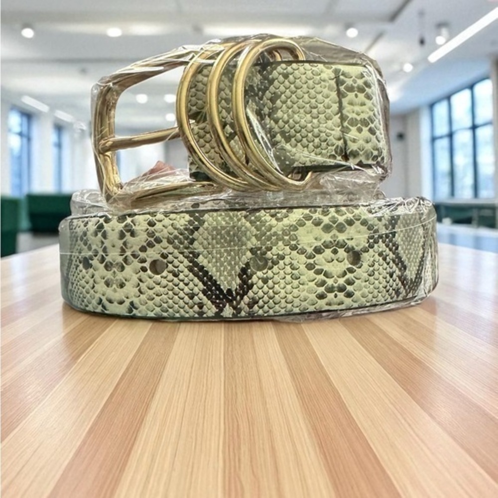 JASGOOD PU Leather Belt Gold Detail - Gray White Snake Print - Womens Size Small
